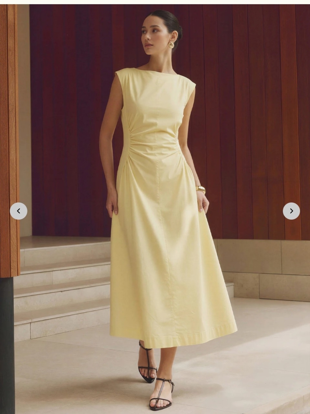 New York & Company Light Yellow Midi Dress with Side Ruching